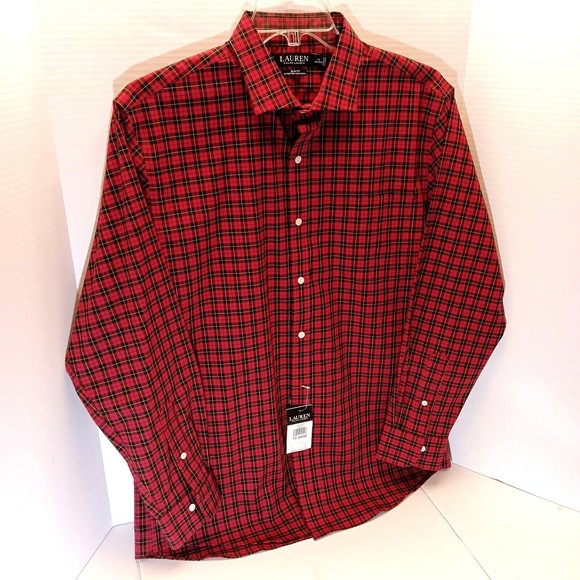 Lauren Ralph Lauren Red Plaid Slim Fit Non Iron Button Down Shirt Men 17 34/35 - Picture 2 of 10